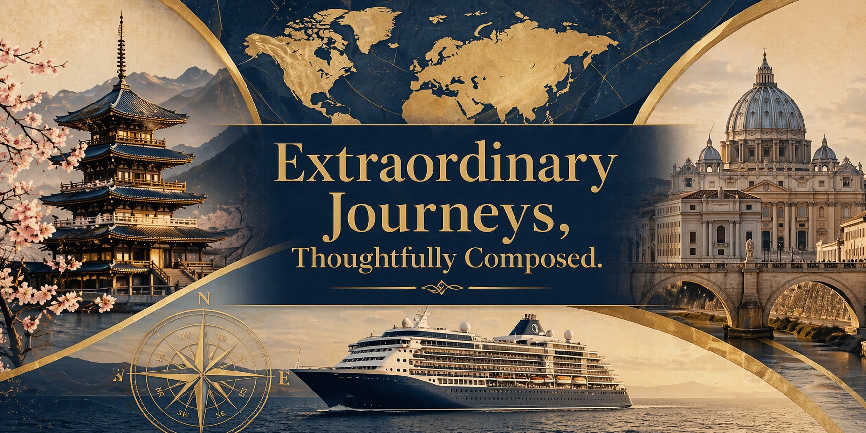 Luxury travel banner featuring Asian and European destinations with ocean cruising imagery.